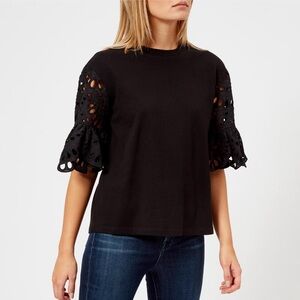 See By Chloé Black Eyelet Sleeve Cotton Tee